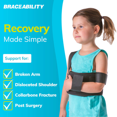 The BraceAbility kids arm sling makes recovery from a broken arm, dislocated shoulder, collarbone fracture, and post surgery simple