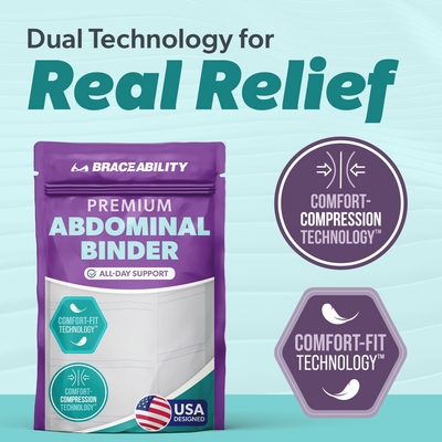our premium abdominal binder features our trademarked comfort-compression technology for a comfortable all day support