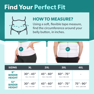 Sizing chart for plus size abdominal binder. Available in sizes XL-4XL.