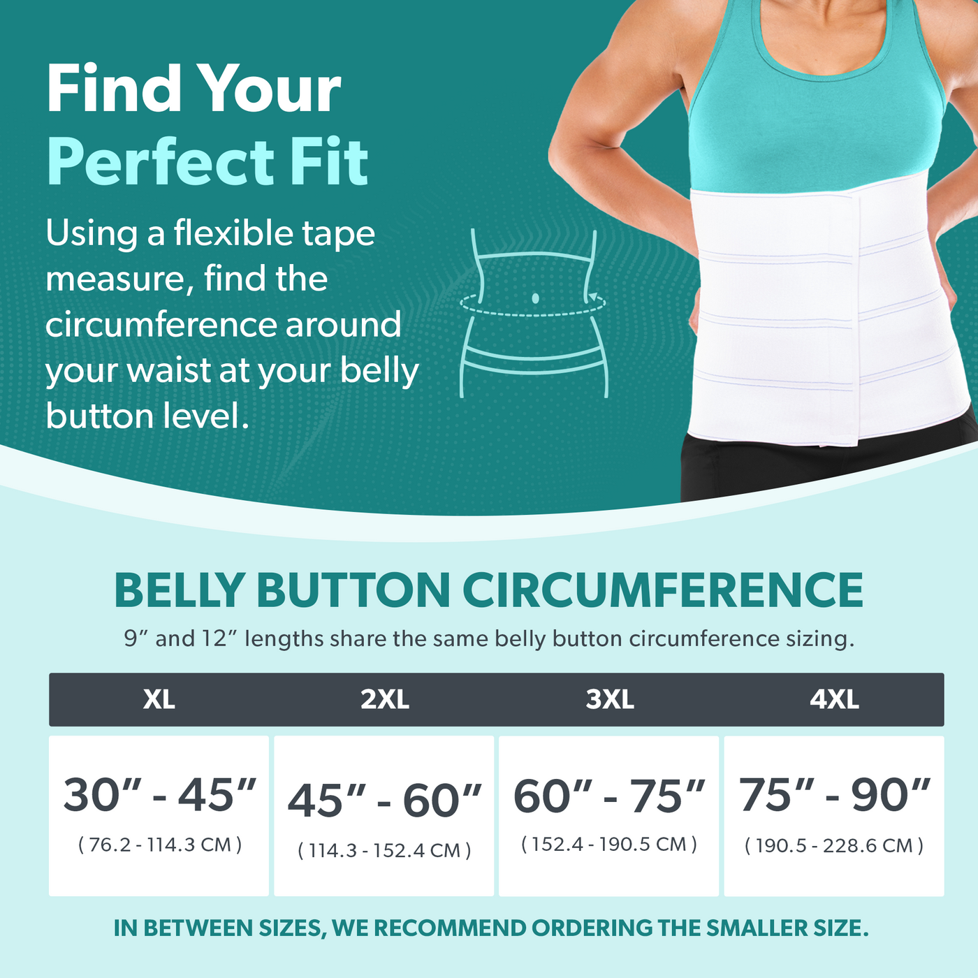 Sizing chart for plus size abdominal binder. Available in sizes XL-4XL.