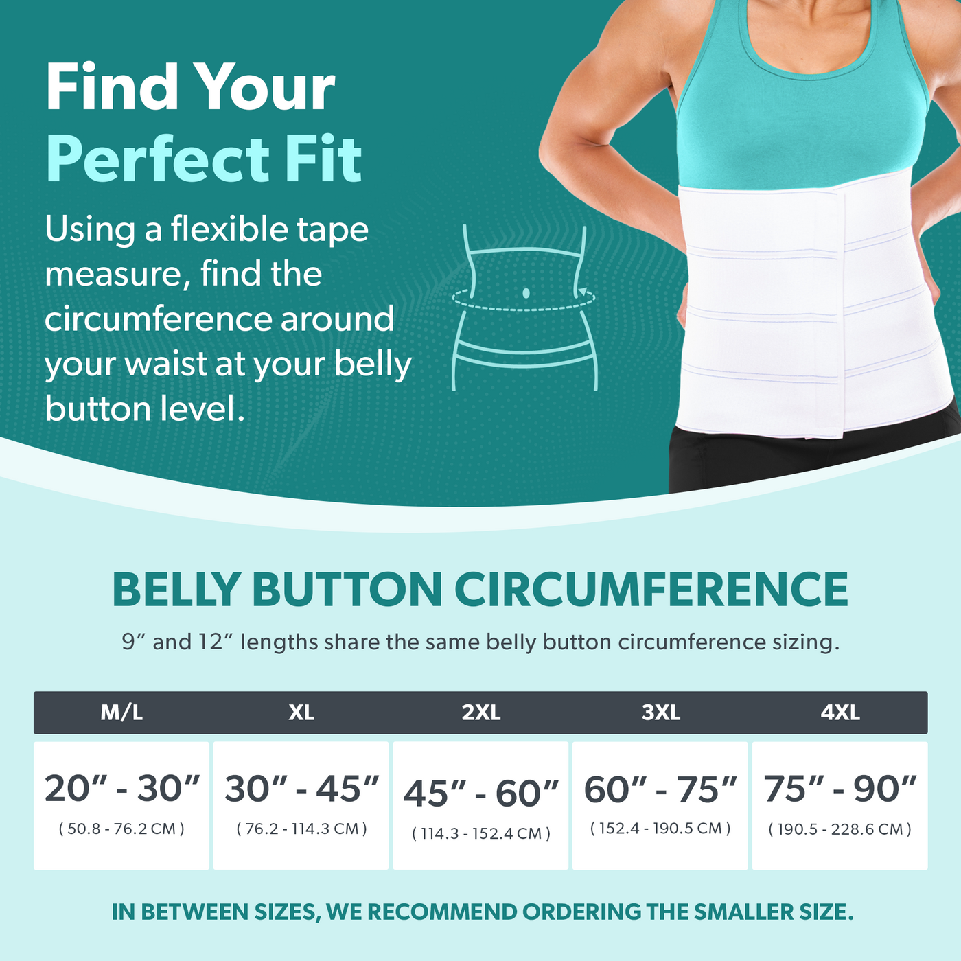 Sizing chart for abdominal binder after weight loss surgery. Available in sizes M/L-4XL.
