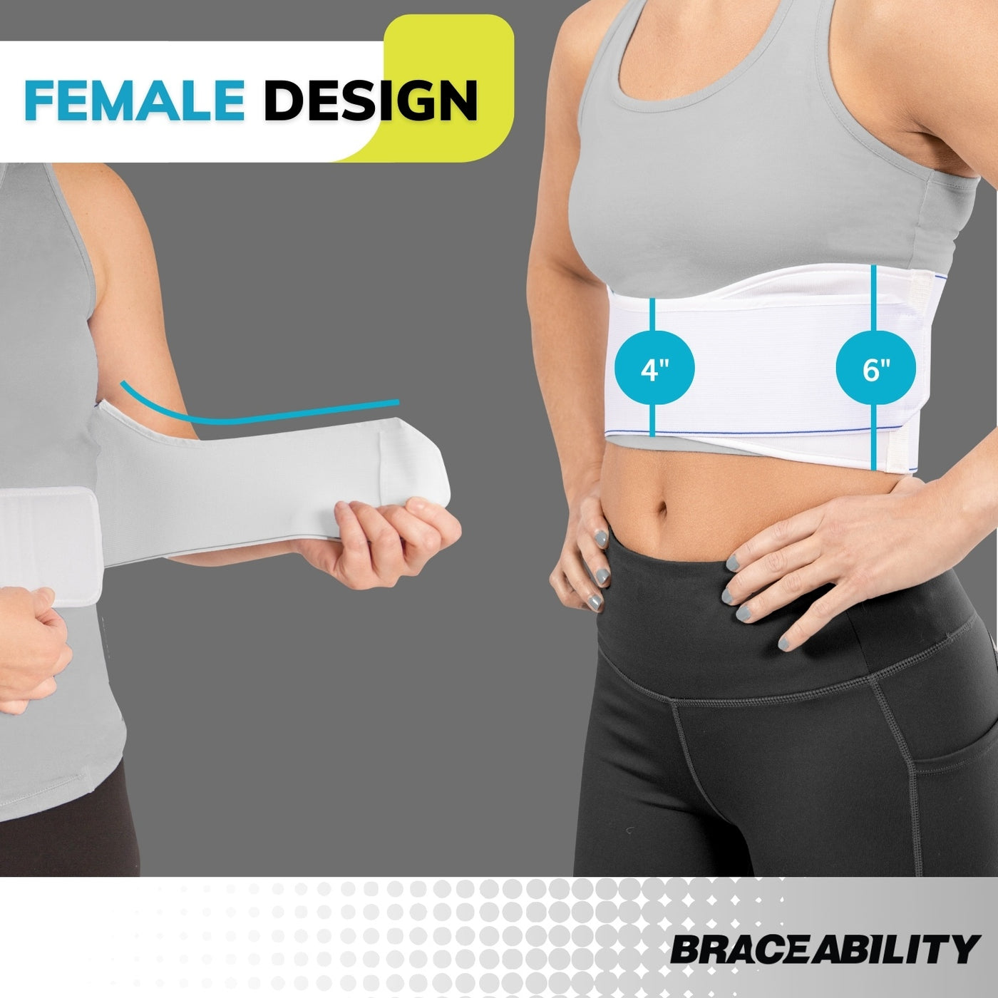 Rib belt for bruised ribs is constructed of breathable, elastic material contoured to fit the female anatomy