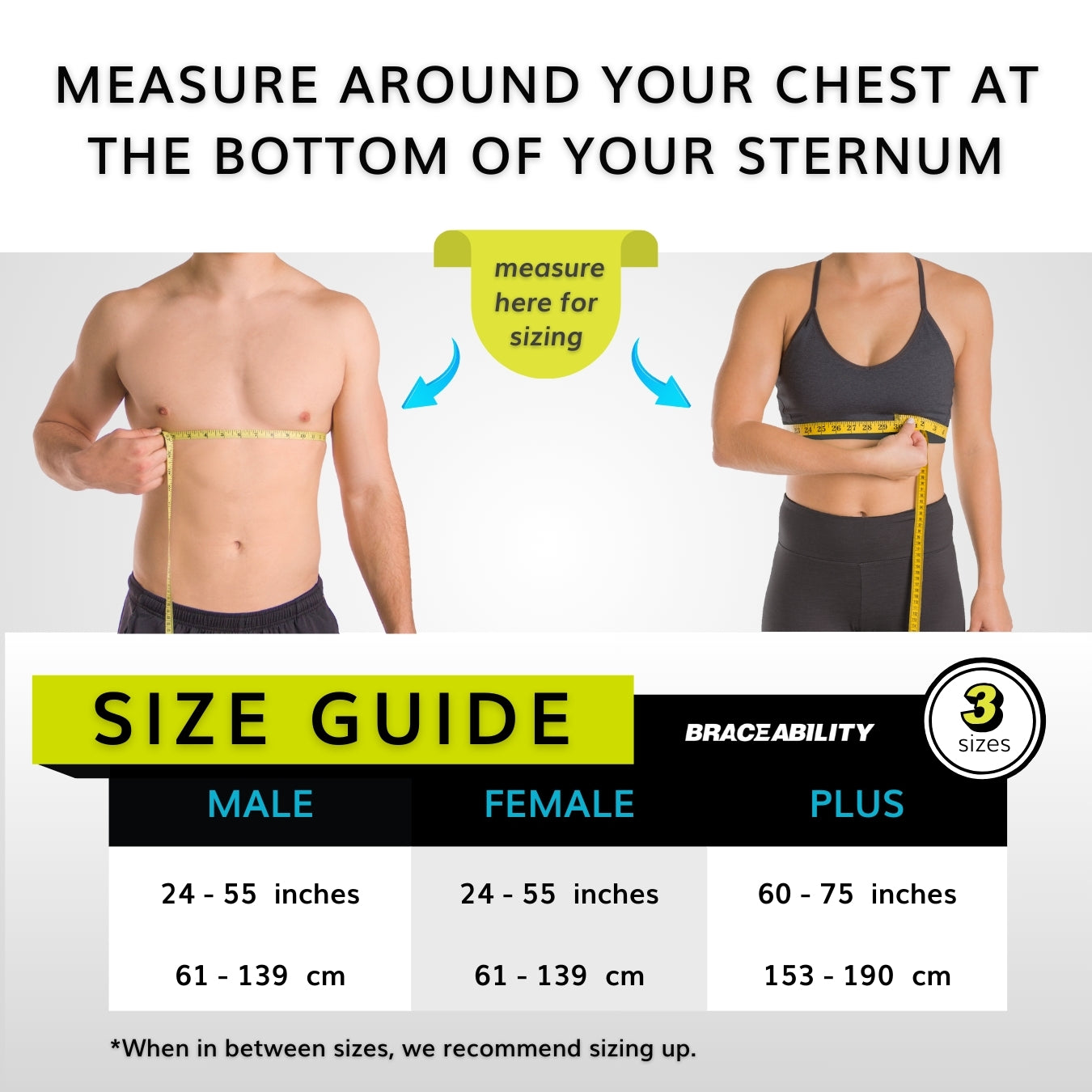The sizing chart for the broken rib brace three fit options fitting men, women, and plus size