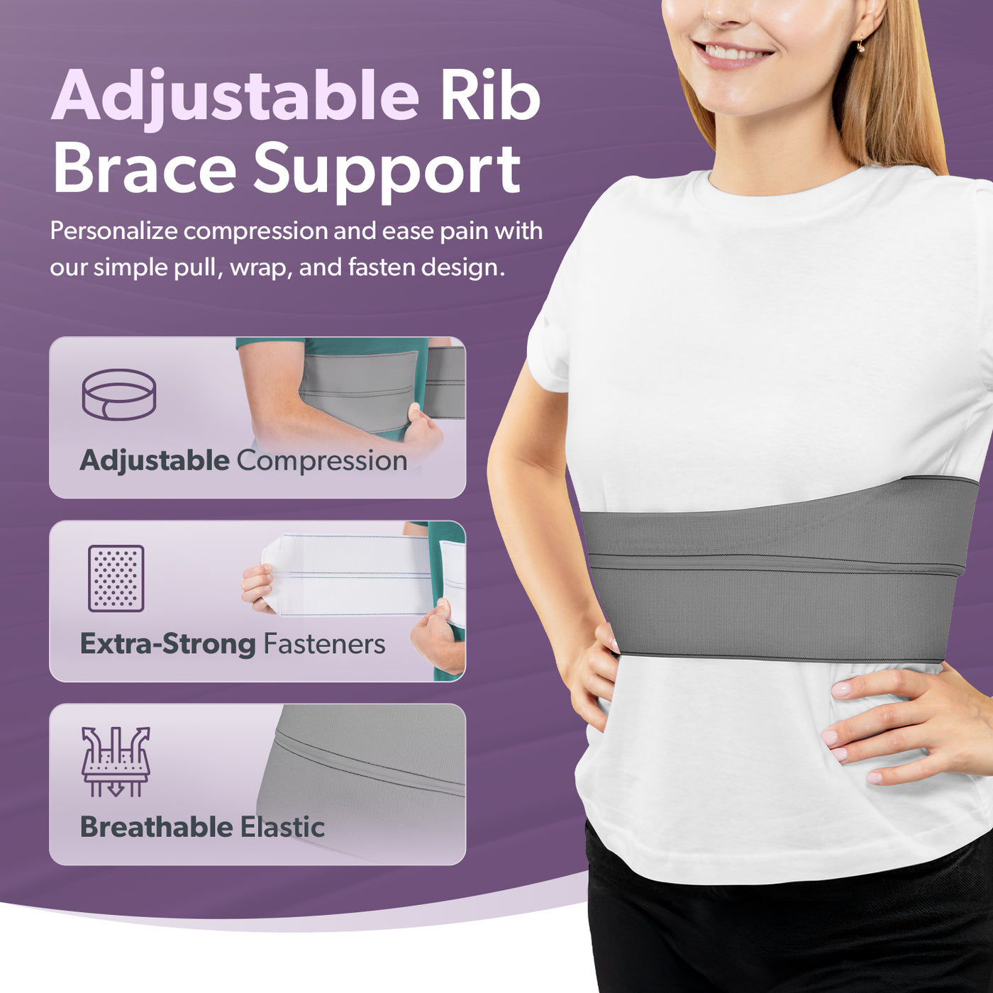 The breathable broken rib brace has adjustable straps to get targeted pain relief for cracked or dislocated ribs