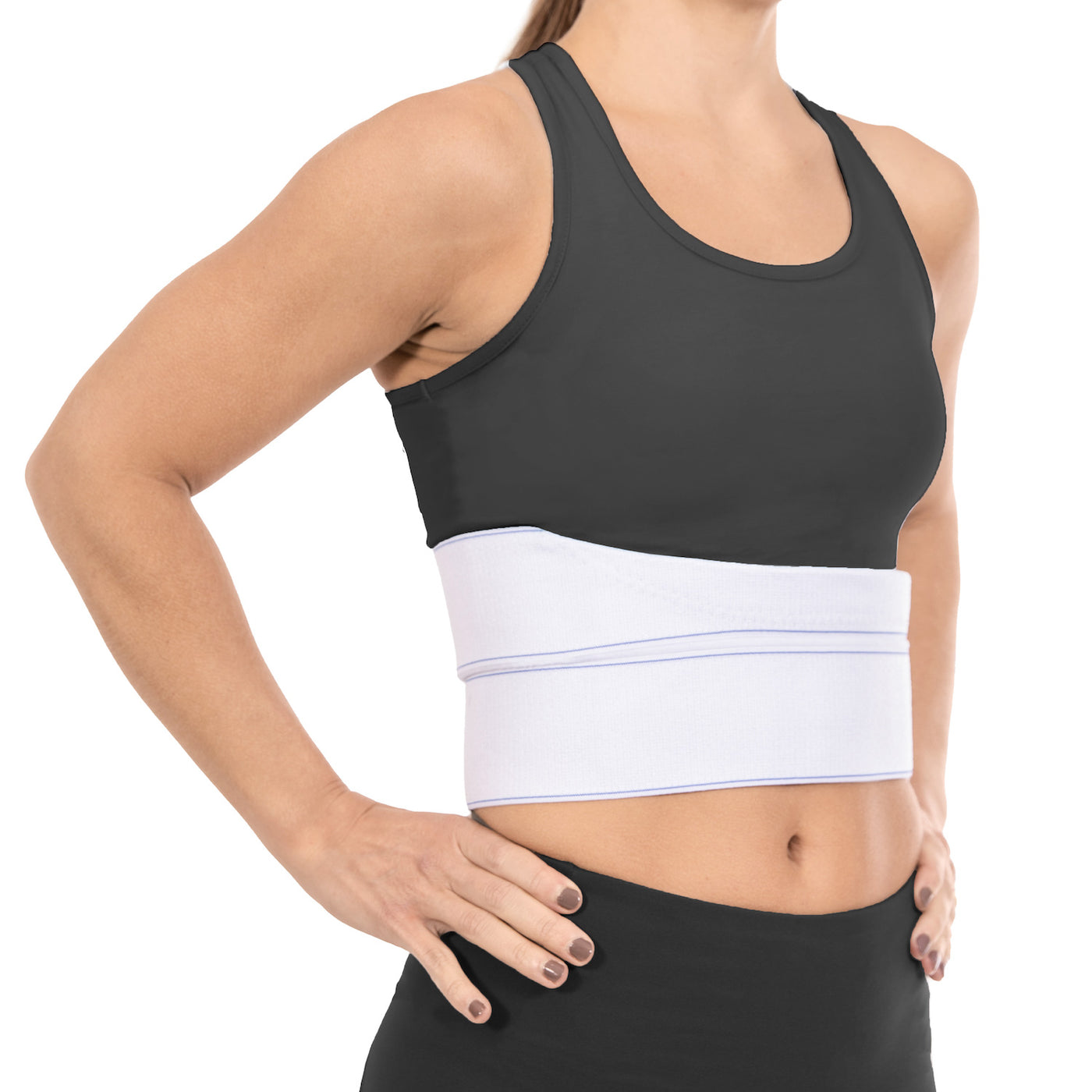 The BraceAbility broken rib brace is a white, wrap-around, compression belt to help immobilize fractured, cracked, or dislocated ribs and provide pain support