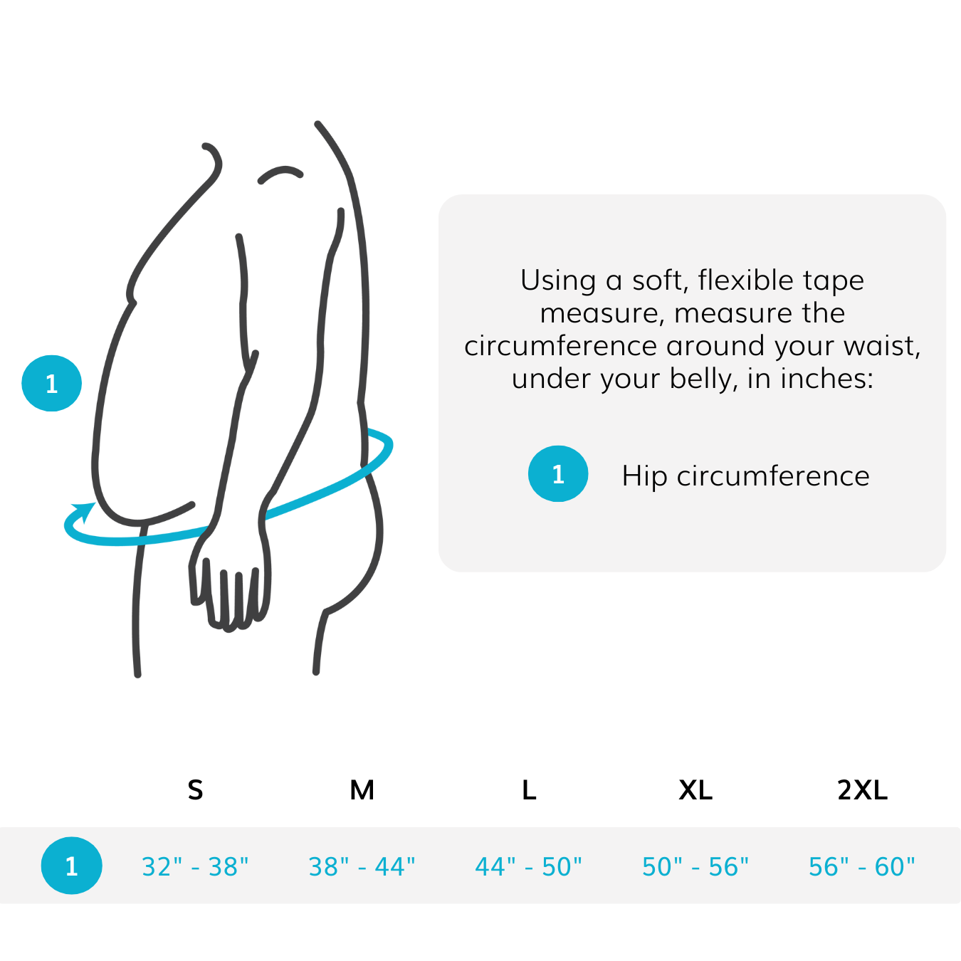 Sizing chart for obesity support belt - measure around your hips. Sizes from small through two extra large