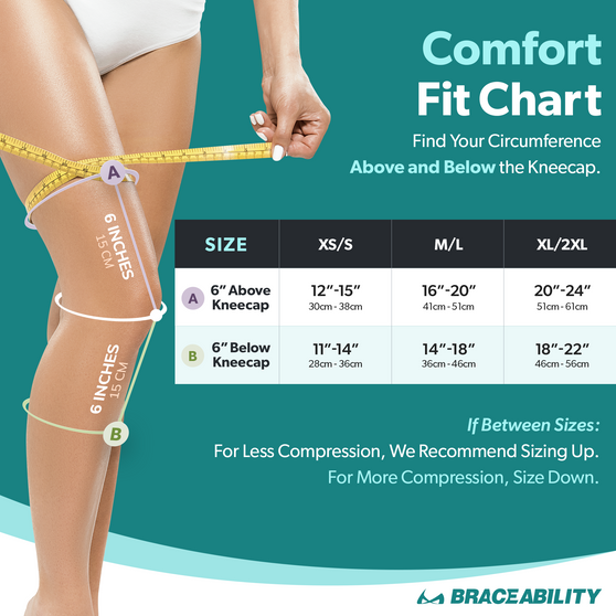 Sizing%20chart%20for%20BraceAbility%20compression%20athletic%20bamboo%20charcoal%20knee%20sleeve.%20Available%20in%20sizes%20XS-2XL