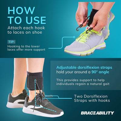 Adjustable dorsiflexion straps attach to the end of your shoe laces to hold your foot in place