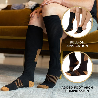 our black and copper compression socks have added compression in the foot arch to promote blood flow
