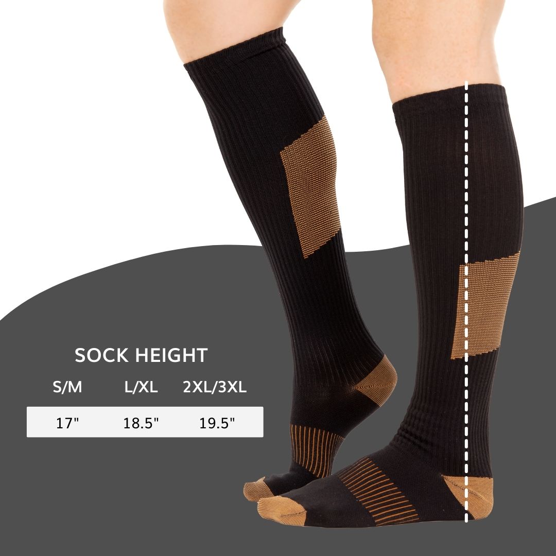 The BraceAbility knee high copper compression socks are roughly 18 inches tall giving full lower leg compression