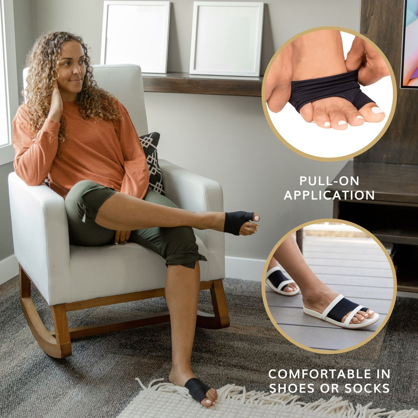 The bunion pain relief sleeve is a pull on application that can be worn in socks or shoes