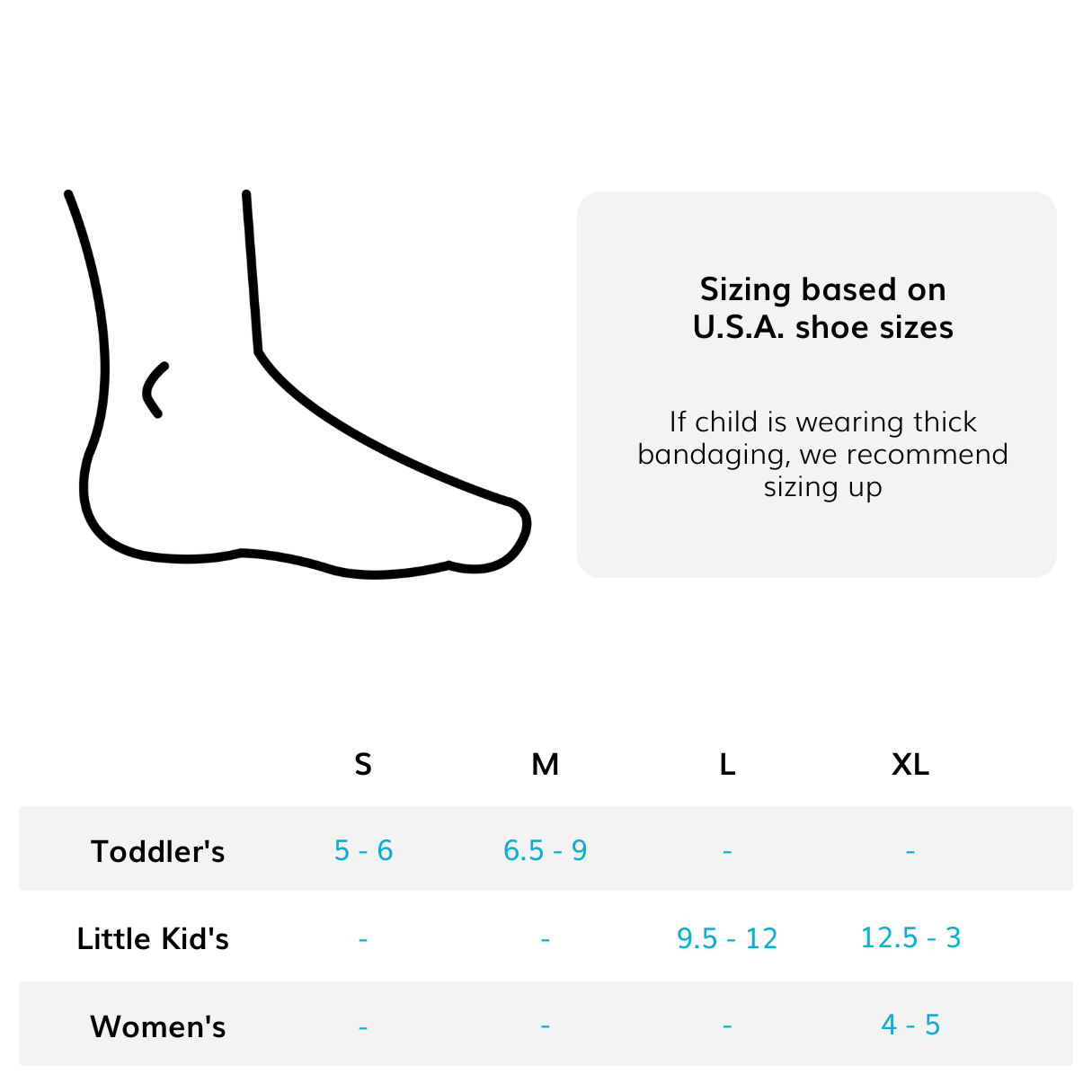 The sizing chart for the pediatric fracture boot comes in sizes small through XL fitting toddlers to young women