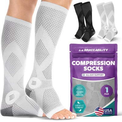 BraceAbility tall toeless neuropathy socks for men and women offer relief from diabetic and peripheral foot pain, ideal for sleeping.