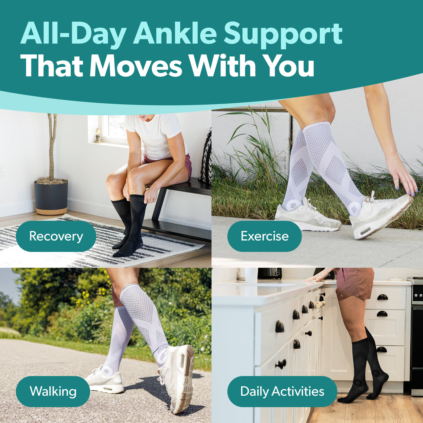 closed toe, knee high compression ankle support for walking, exercise, and recovery
