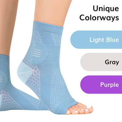 The braceability neuropathy compression socks come in three unique colors, light blue,gray, and purple