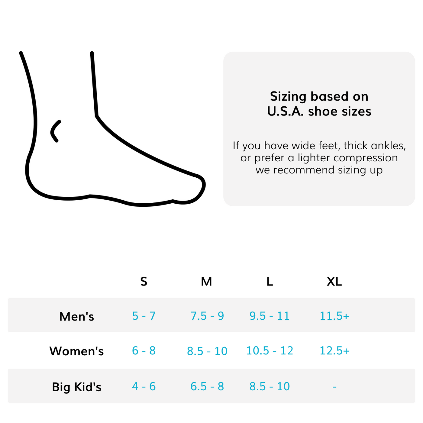 The sizing chart for our compression toeless socks for foot pain come in four sizes up to size 12