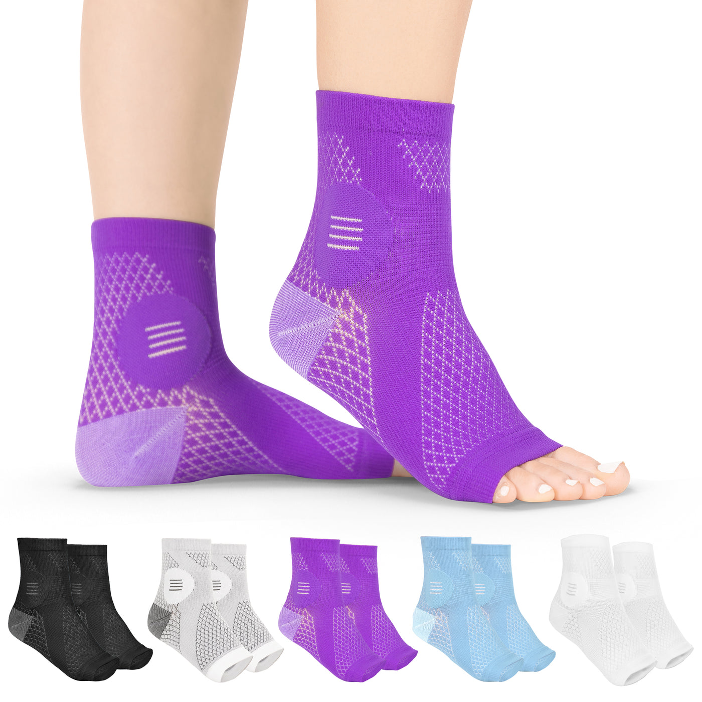 The BraceAbility purple compression neuropathy socks give quick relief from painful peripheral neuropathy and nerve damage with these socks for diabetic foot pain.