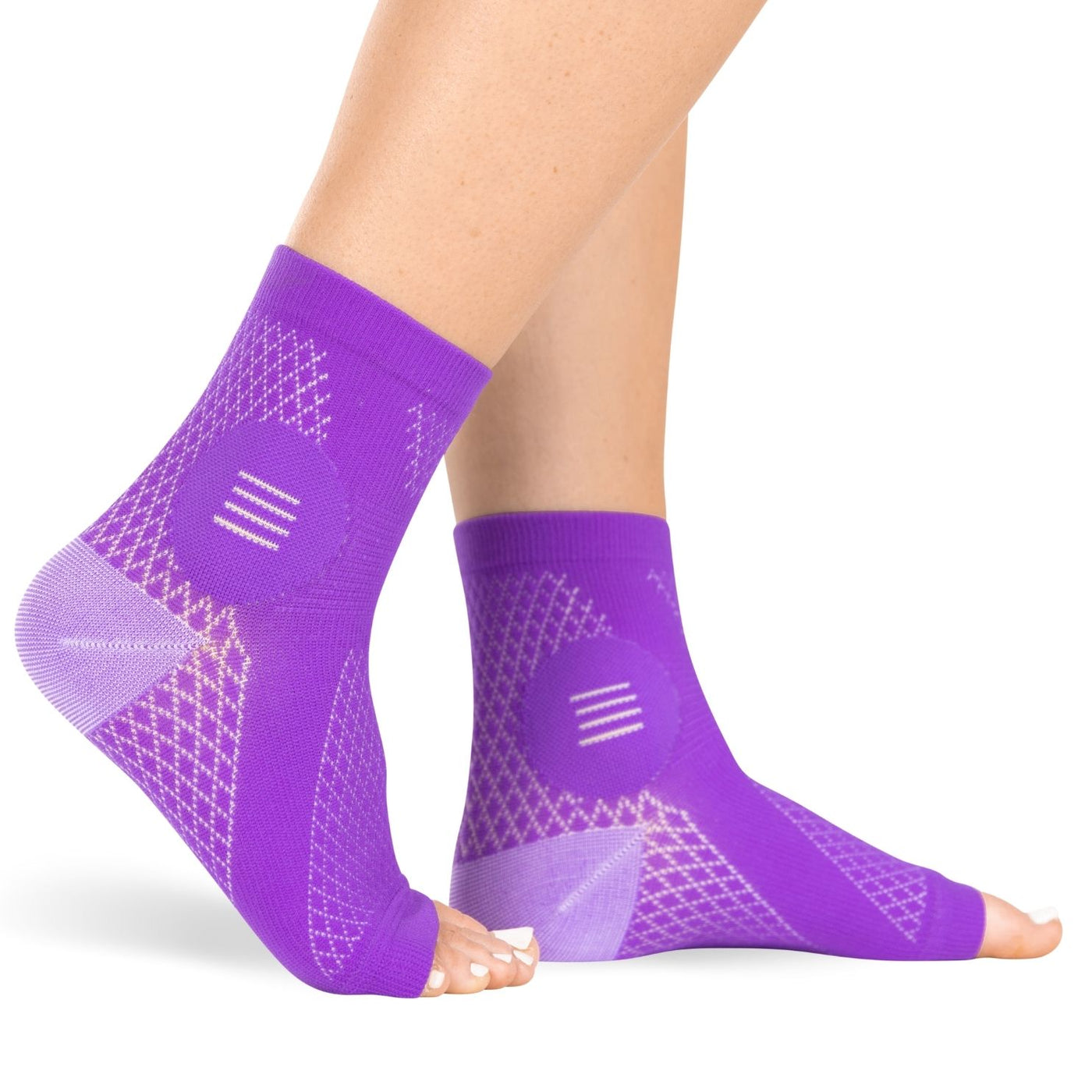 The BraceAbility purple compression neuropathy socks give quick relief from painful peripheral neuropathy and nerve damage with these socks for diabetic foot pain.