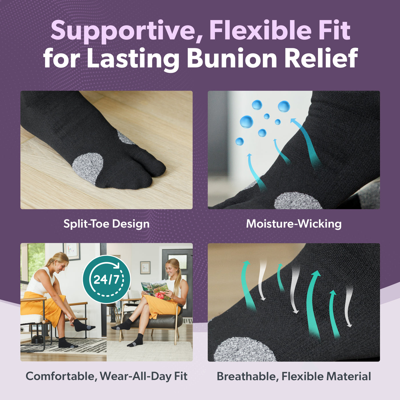 Graphic highlighting breathable bunion relief socks with features like compression, cushioning, and toe separation for bunion pain relief.