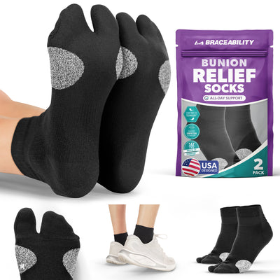 Black bunion relief socks for women and men with gray cushioning and BraceAbility packaging, designed for bunion pain relief and toe alignment support.