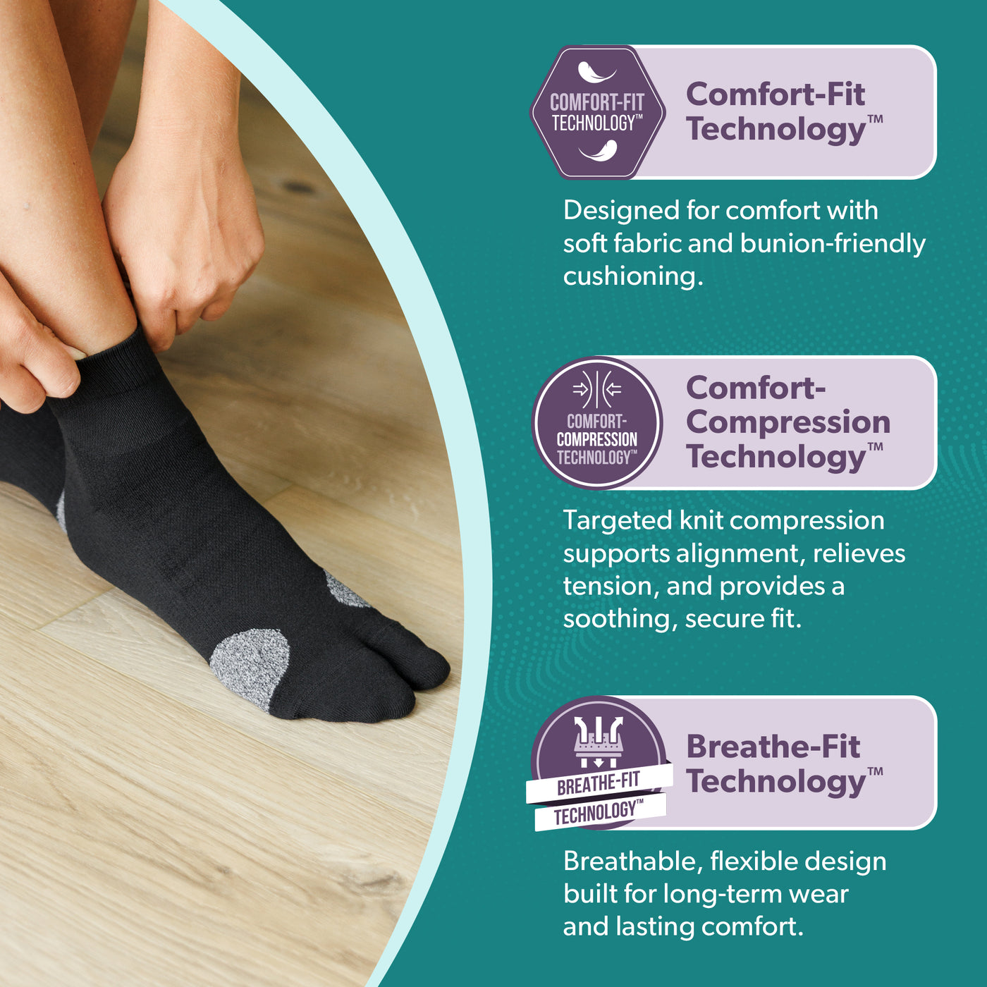 Patented bunion corrector socks with Comfort-Fit™, Comfort-Compression™, and Breathe-Fit™ technologies for targeted bunion treatment.