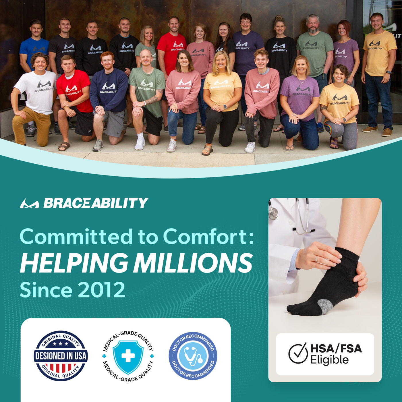 BraceAbility team wearing branded shirts, promoting split toe separator compression socks designed for bunion support and customer comfort since 2012.