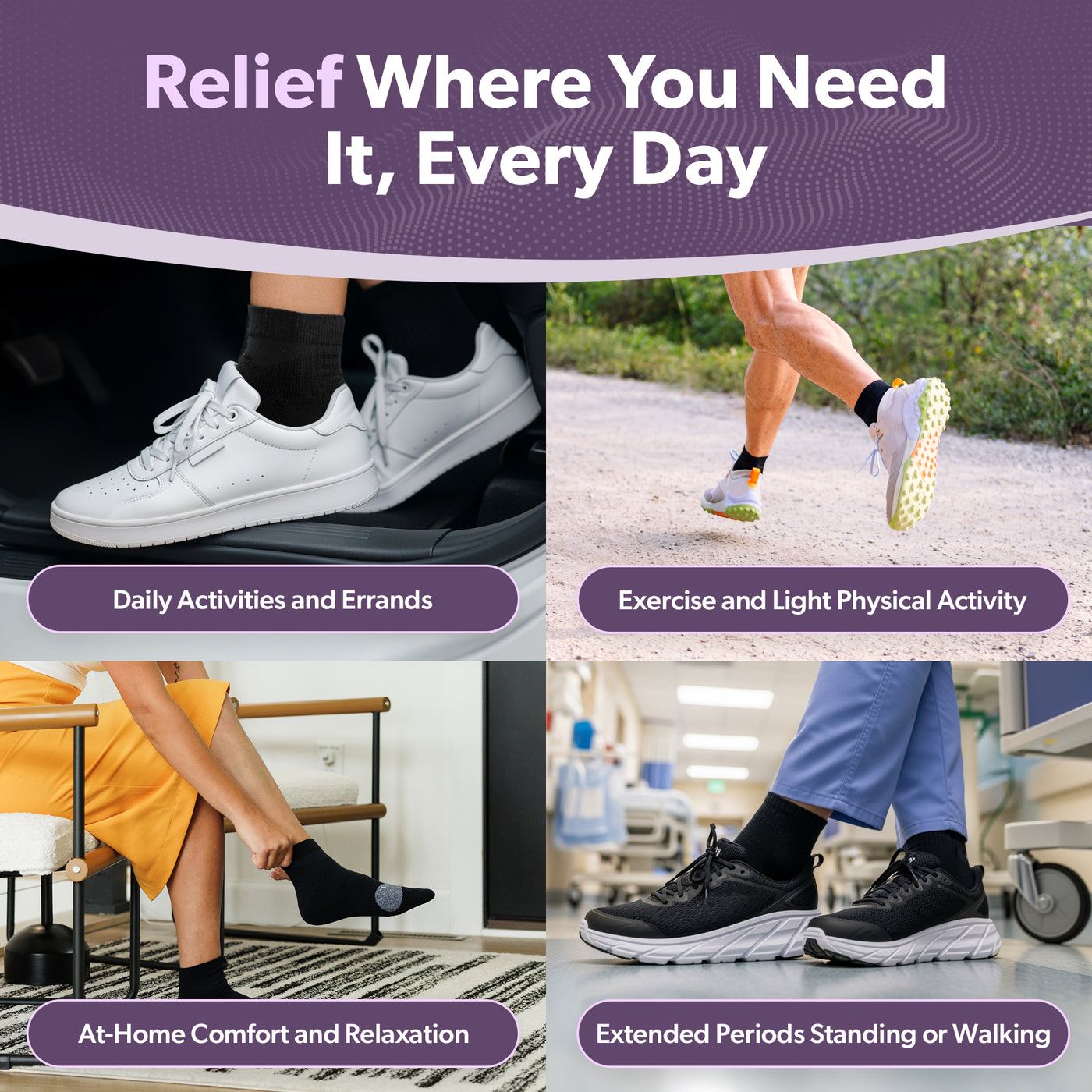 Collage of bunion socks with toe separators shown in real-life use, designed for pain relief and all-day bunion support.