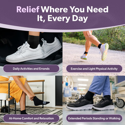Collage of bunion socks with toe separators shown in real-life use, designed for pain relief and all-day bunion support.