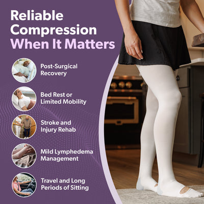 our thigh high compression ted hose socks help regulate blood flow while flying, post-sugery, while on bed rest, or even hlep mild lymphedema management