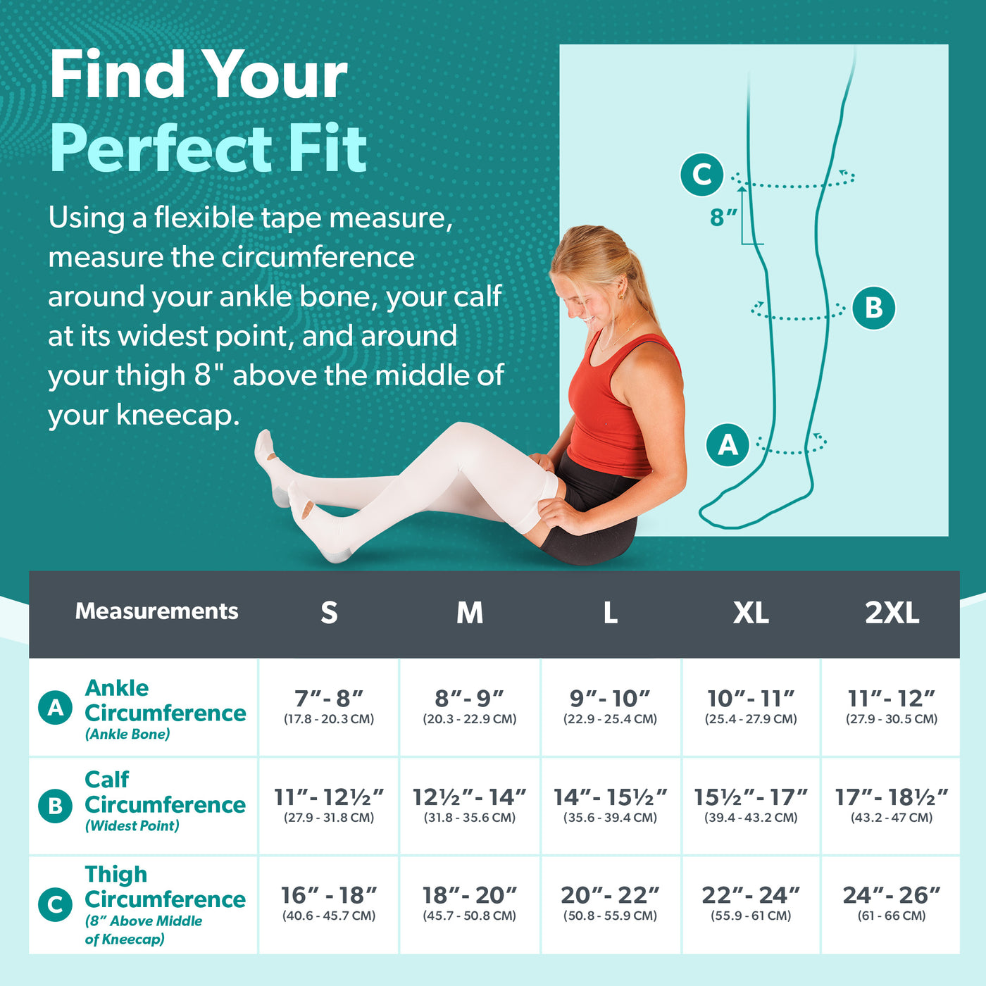 BraceAbility anti-embolism compression socks sizing chart for size small through two x-large
