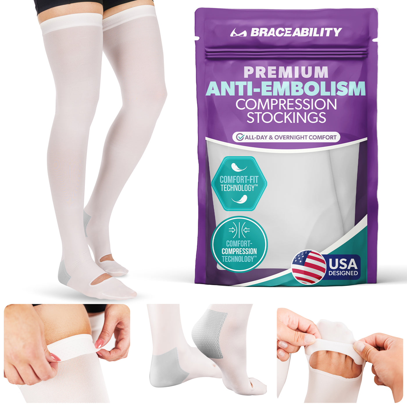 The BraceAbility anti-embolism compression stocking are a white, thigh high compression sock to encourage blood flow to the feet and legs