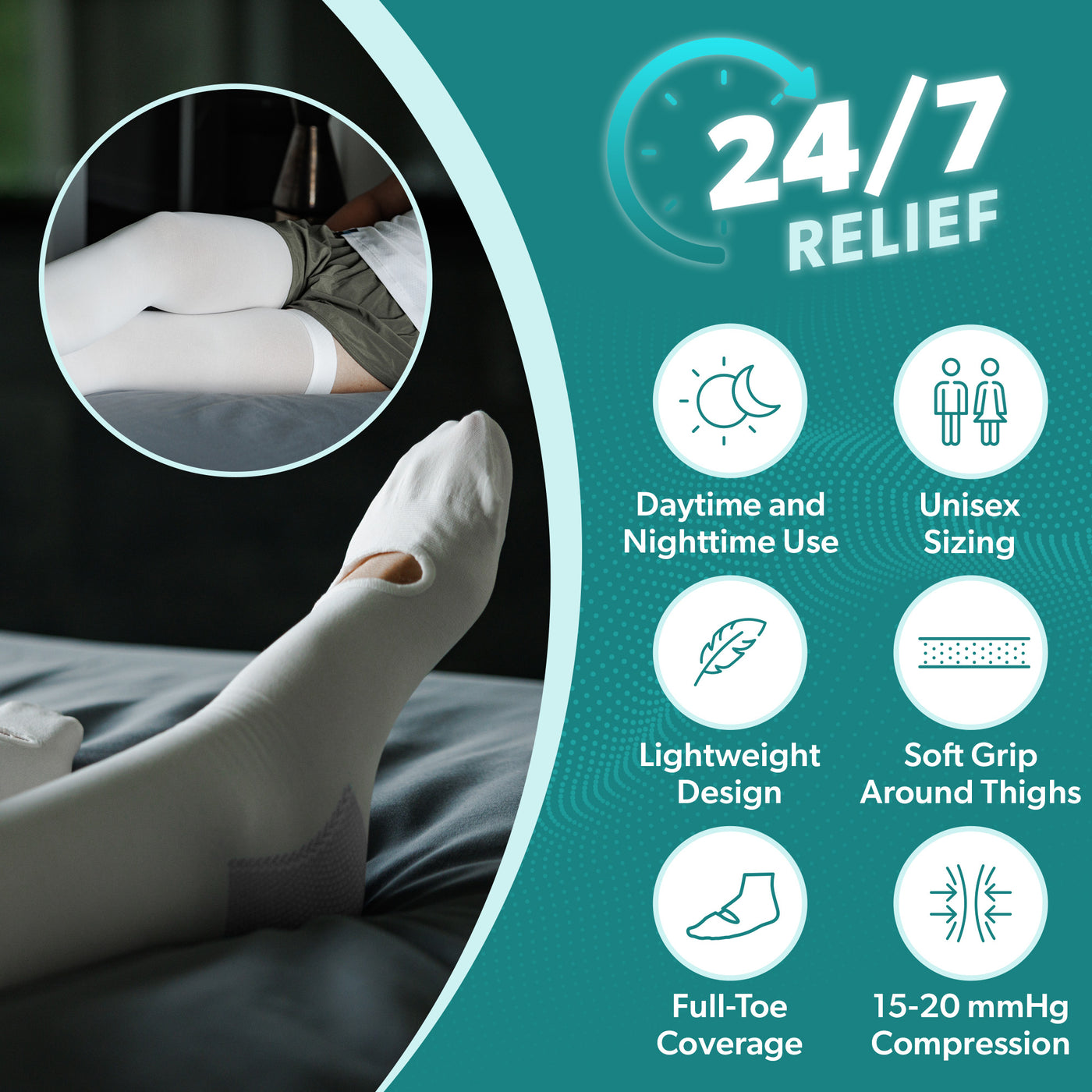 our toeless compression socks can be worn during the day or overnight for 15 to 20 mmHg compression around the clock