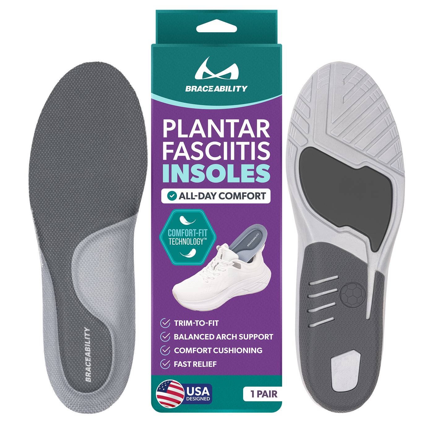 Plantar Fasciitis Insoles - Arch Support Orthotic Shoe Inserts for Achilles Tendonitis and Heel Spurs Relief (1 Pair)
