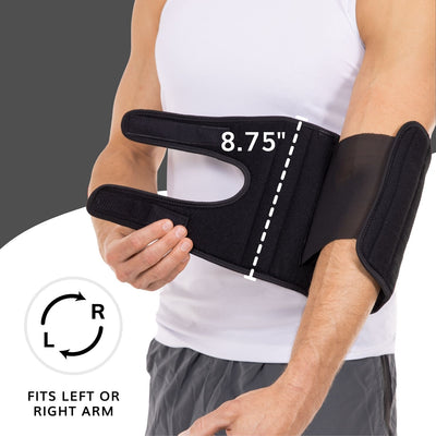 Our elbow immobilizer for ulnar nerve pain is 9 inches tall and can be worn on left or right arm