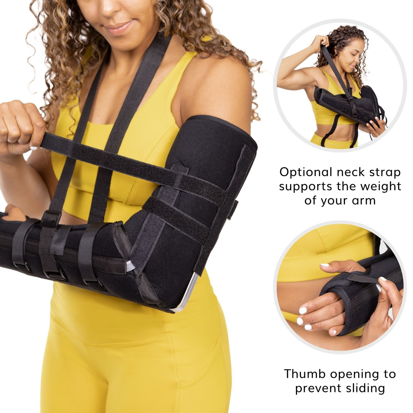 The arm and elbow splint for fracture pain relief has a removable neck strap to support the weight of injured arm
