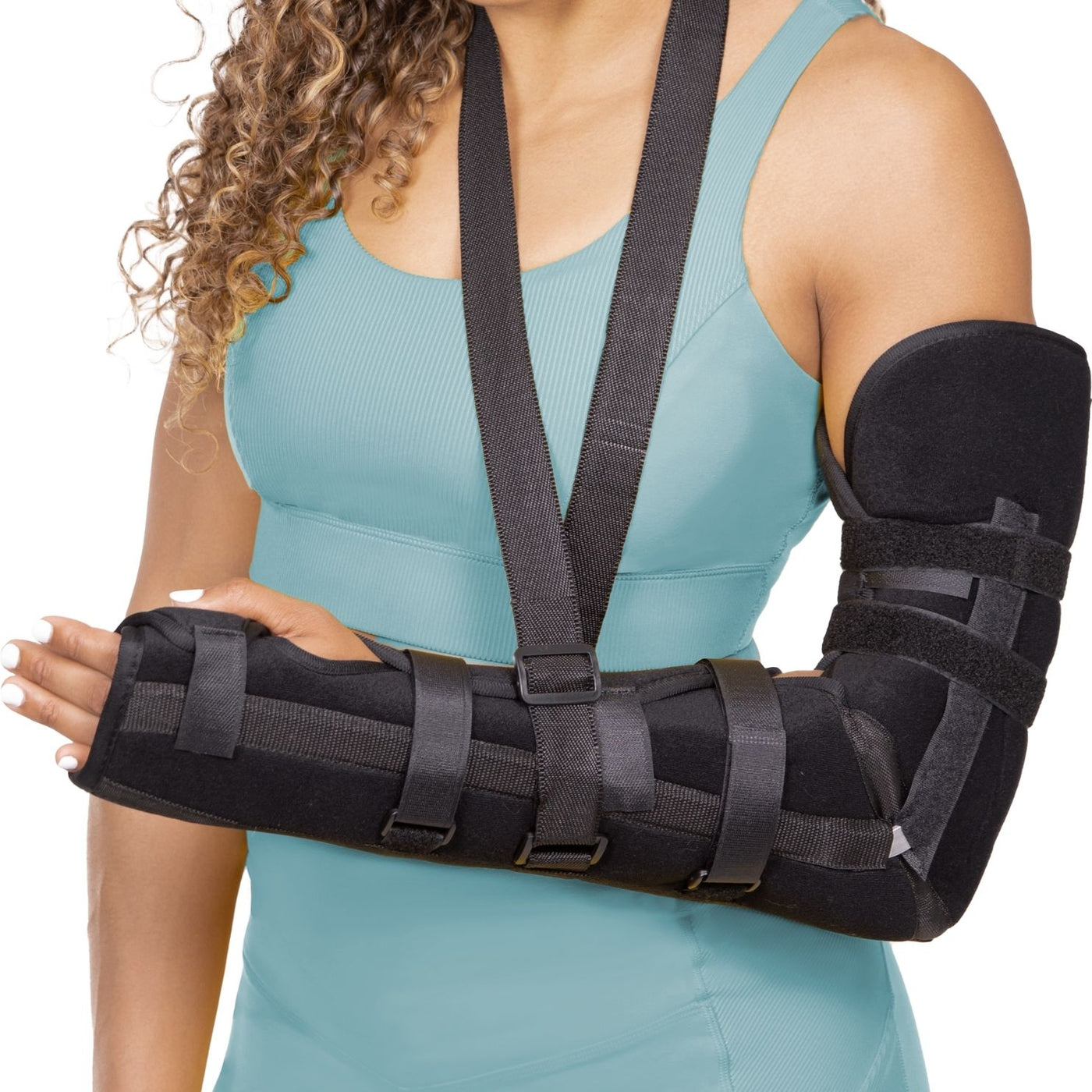 The BraceAbility posterior long long arm splint has three aluminum splints to immobilize elbows