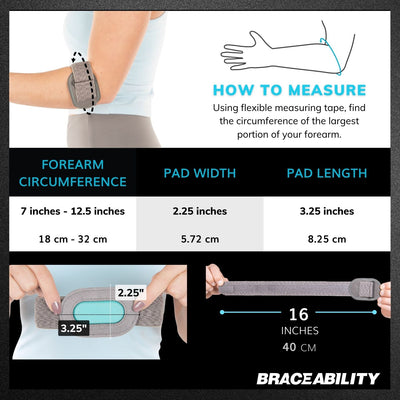 The sizing chart for the elbow tendon sports strap is one size fits most for men and women