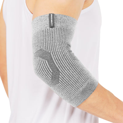 BraceAbility knit elbow compression sleeve for men and women, offering pain relief for tennis elbow, tendonitis, and golfers elbow, featuring breathable Comfort-Fit fabric and a snug, supportive fit
