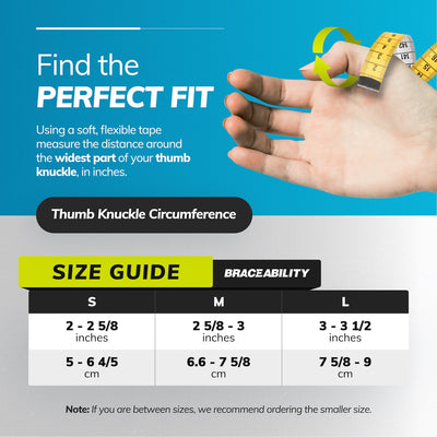 The sizing chart for the hard thumb arthritis brace - measure the circumference around your thumb knuckle. S fits 2"-2 5/8, M fits 2 5/8"-3" and L fits 3"-3 1/2"