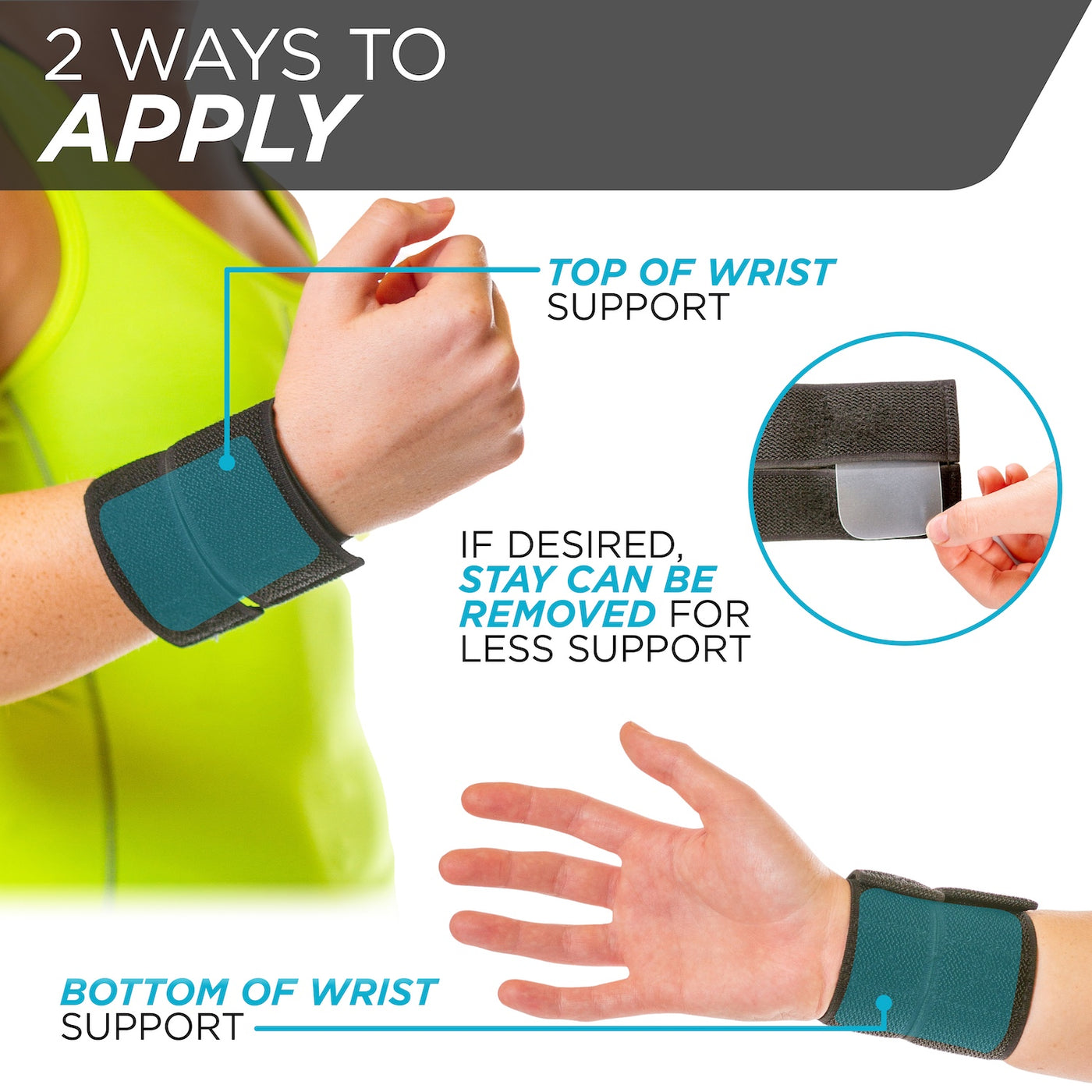 The sports wrist brace can be adjusted to have the removable stay on top of the wrist or on the palm side for support