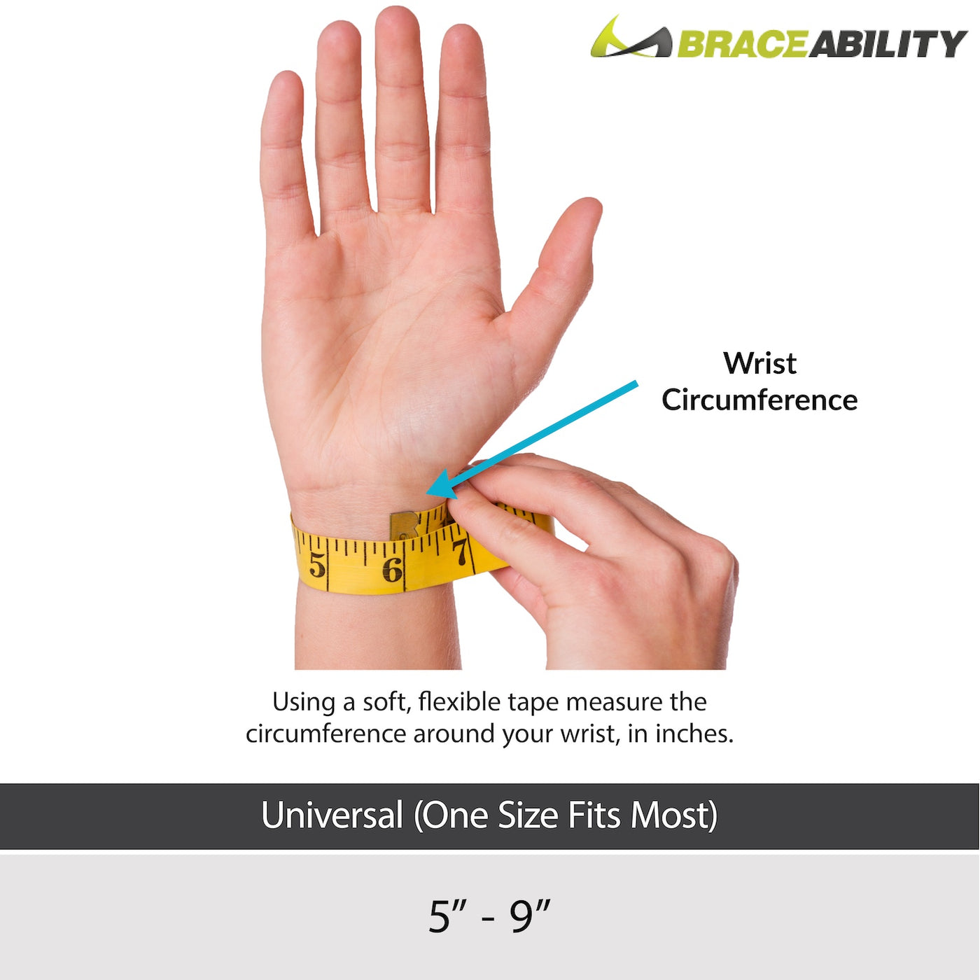The sizing chart for the universal wrist support fits gymnasts and cheerleaders with wrist circumferences for 5 to 9 inches