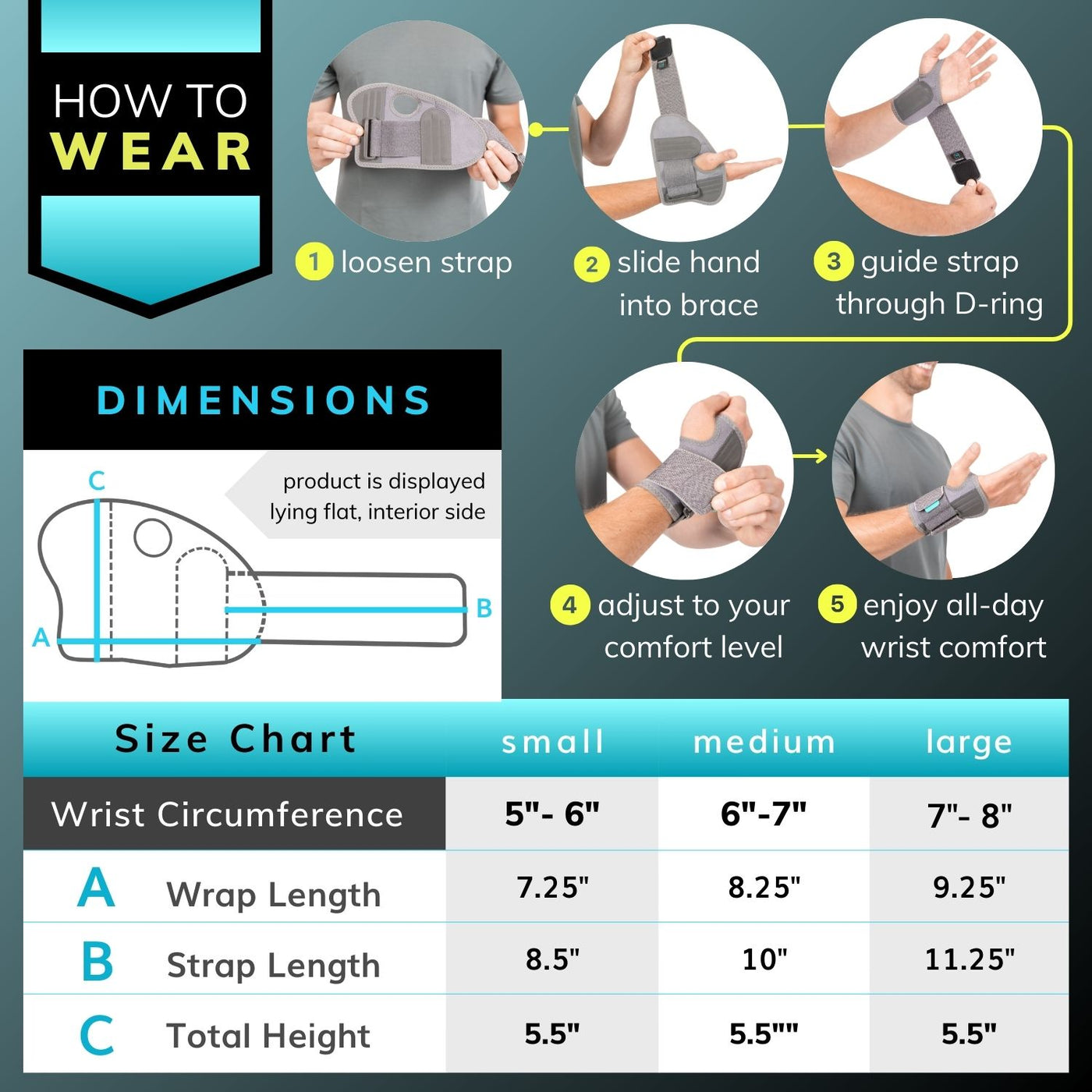 The sizing chart for the athletic wrist brace comes in sizes small, medium, and large fitting most people