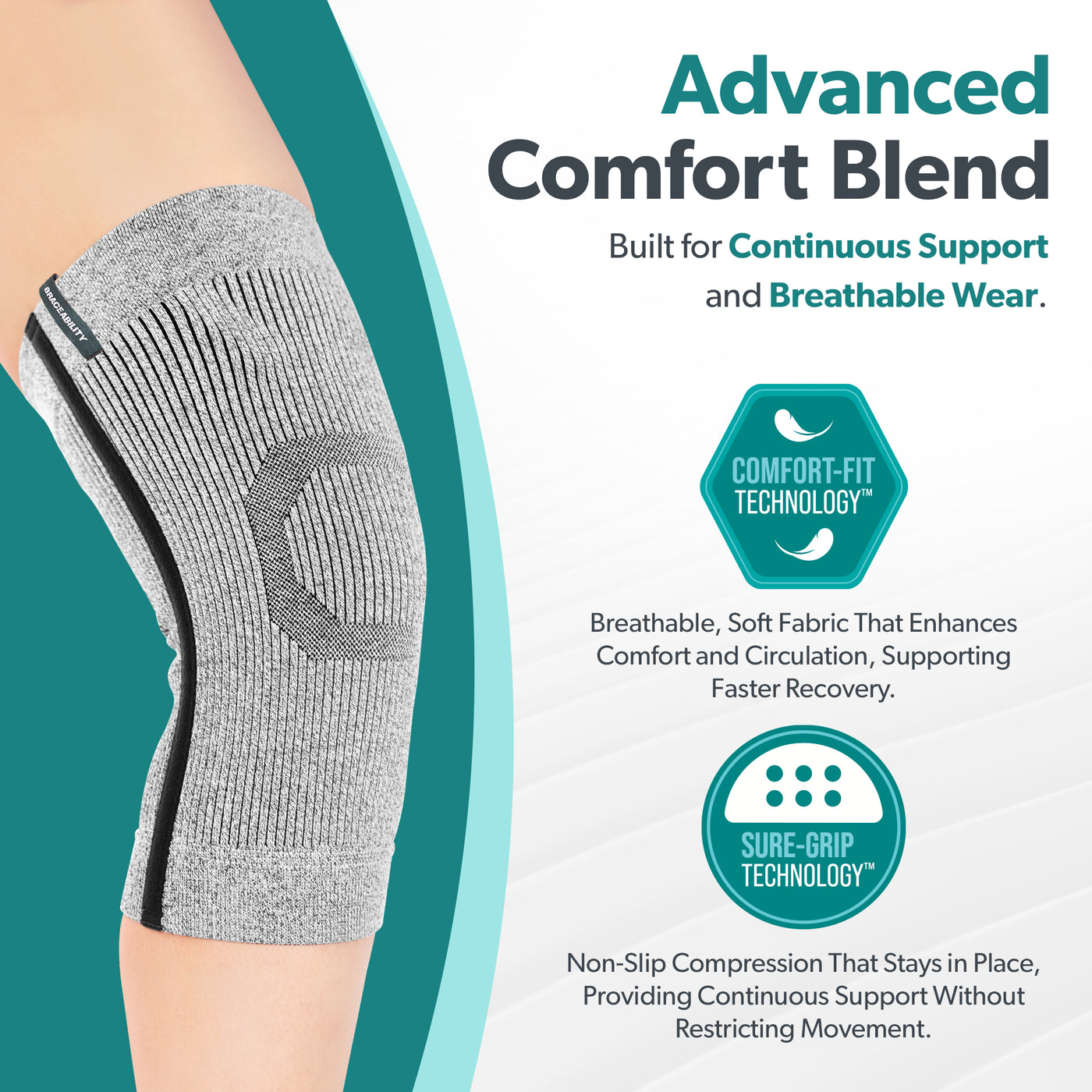 To apply, slide the knee sleeve over your leg and center on your kneecap