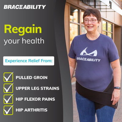 Our groin pain brace helps relieve pain from a pulled groin, hip flexor pains, upper leg strains, and hip arthritis