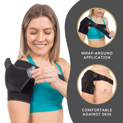 Our adjustable shoulder brace for rotator cuff treatment has a wrap-around application and is comfortable against skin