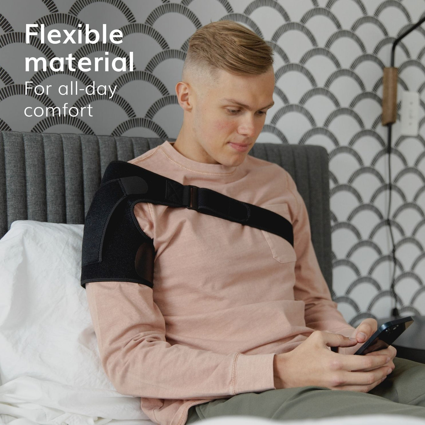 The shoulder sleeve compression brace for shoulder posture is made with flexible materials for all-day comfort