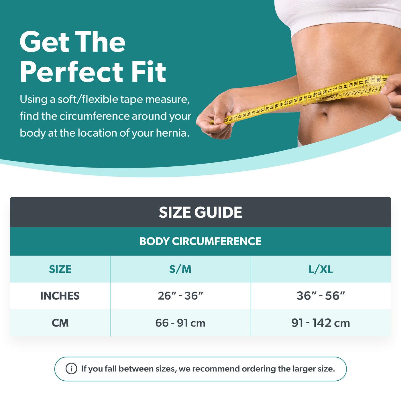 Sizing chart for abdominal hernia belt. Available is sizes S/M-L/XL.