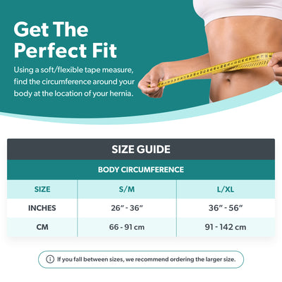 Sizing chart for abdominal hernia belt. Available is sizes S/M-L/XL.