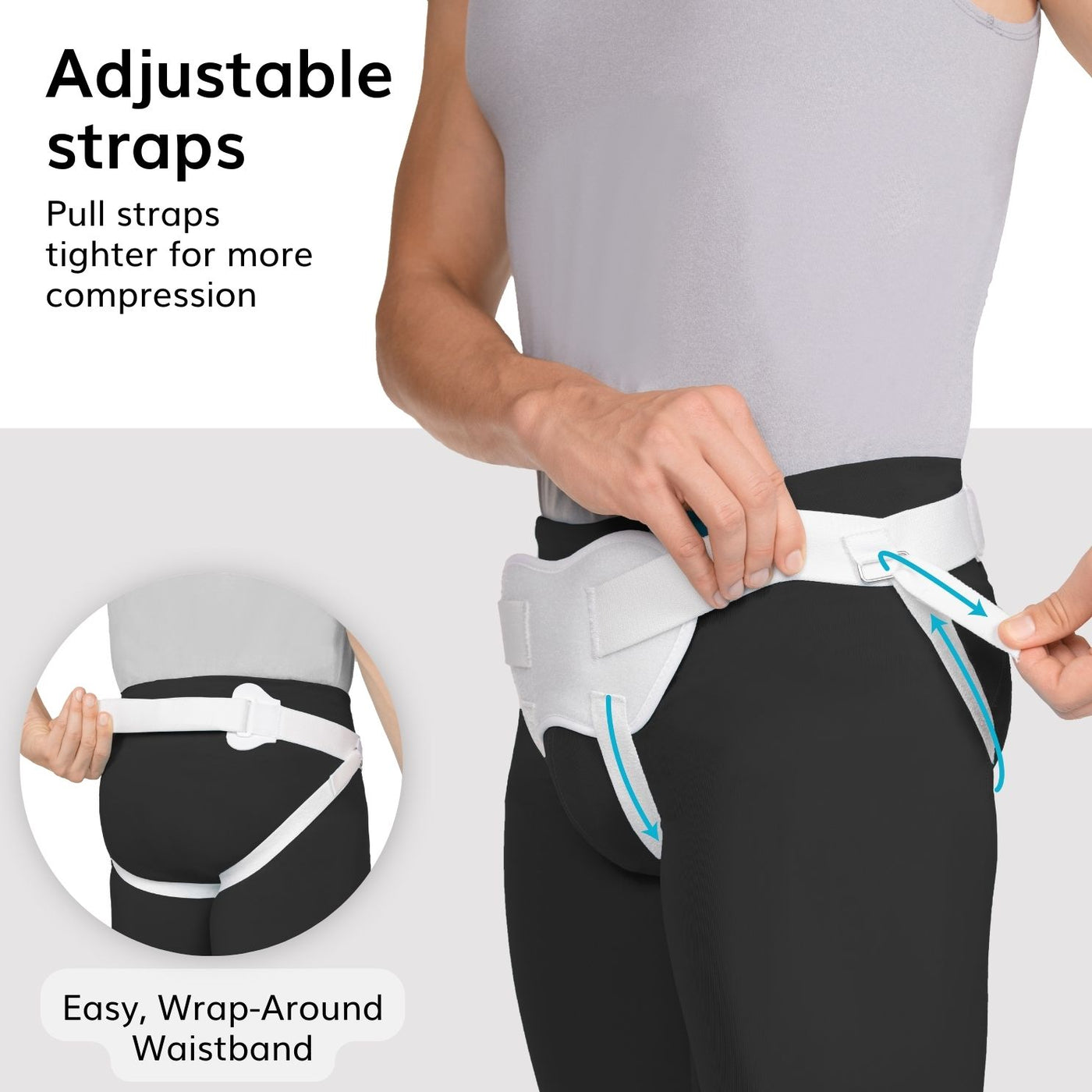 The inguinal hernia truss belt has adjustable straps for a comfortable fit