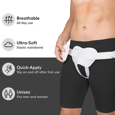The inguinal hernia support belt is made with breathable, ultra soft materials fitting men and women